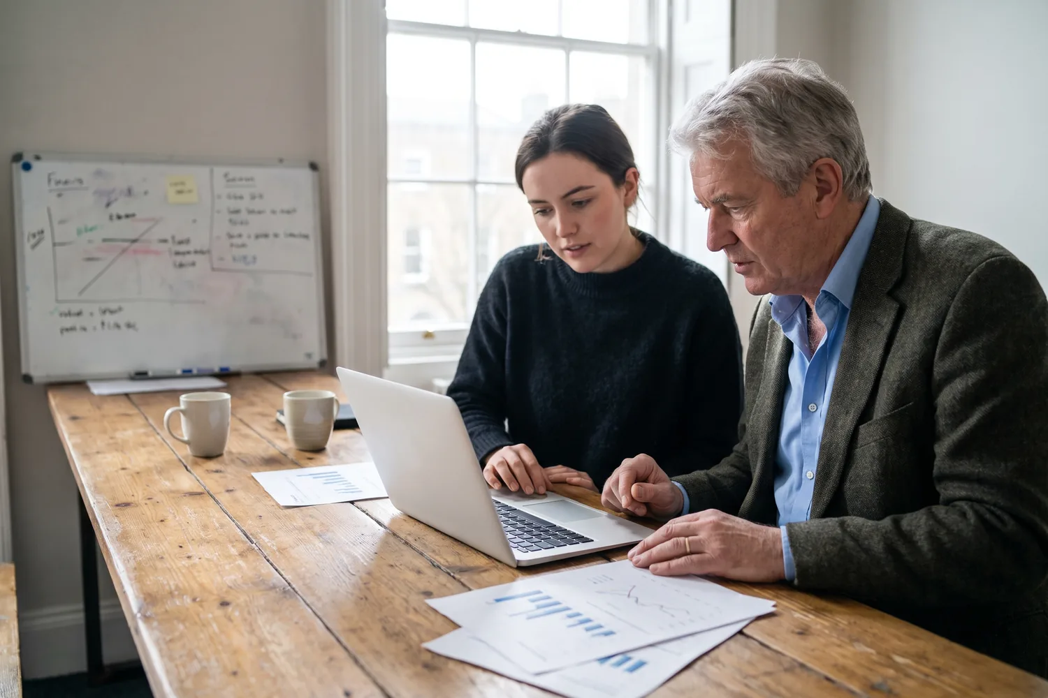 A young founder in a jumper and a senior executive work at a kitchen-style table in a small Georgian office with a laptop and printed model